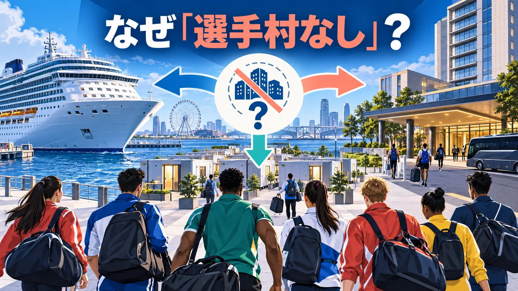 愛知・名古屋アジア大会でクルーズ船、移動式宿泊施設、ホテルに選手が分かれて宿泊する仕組みを表したイラスト