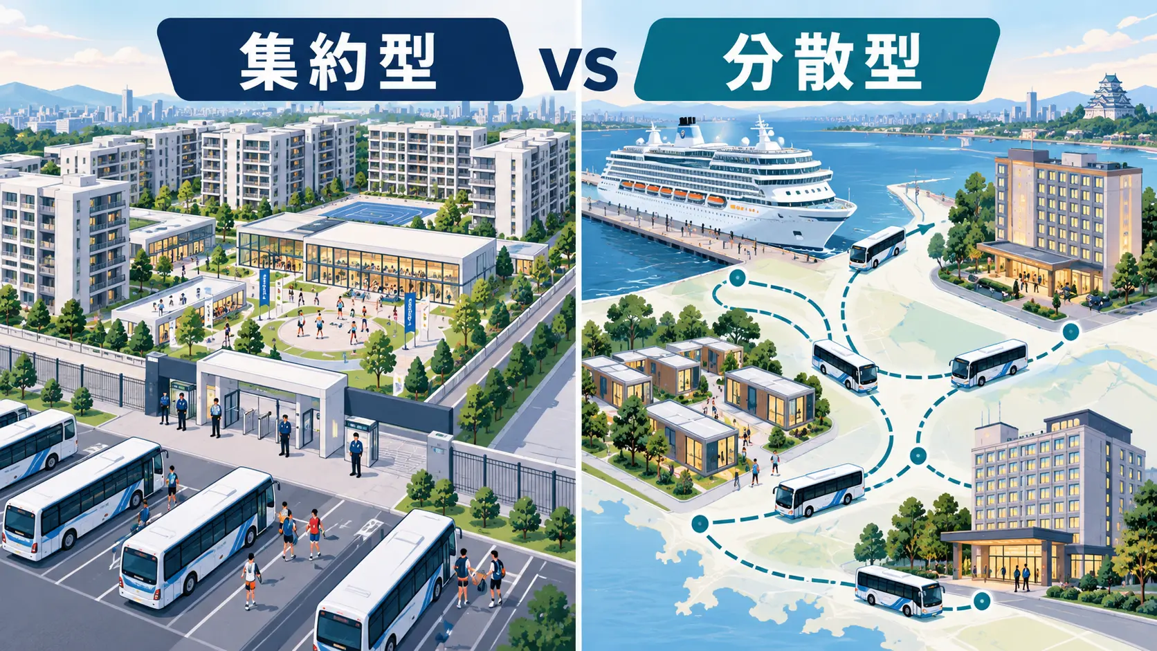 従来型の大型選手村と愛知・名古屋大会の分散型宿泊方式の違いを比較した図