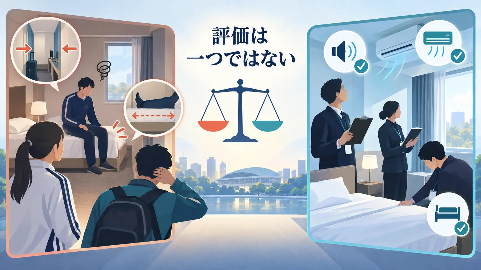 愛知・名古屋アジア大会の宿泊施設をめぐる選手側の不満と大会側・IOC側の評価を分けて示した図