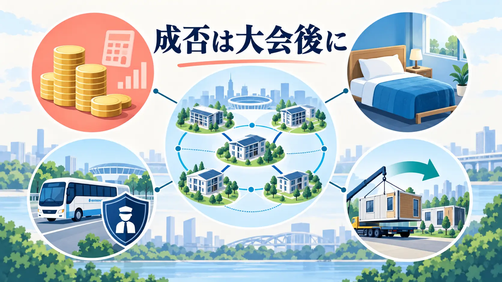 分散型選手村を評価するための費用、快適性、輸送、再利用の4つのポイントを示した図