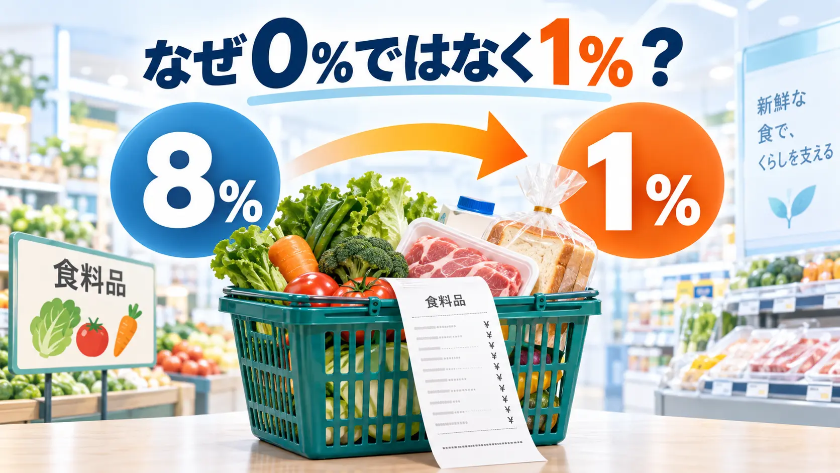 食料品の消費税が8%から1%へ引き下げられる計画と、なぜ0%ではないのかを示す代表イラスト