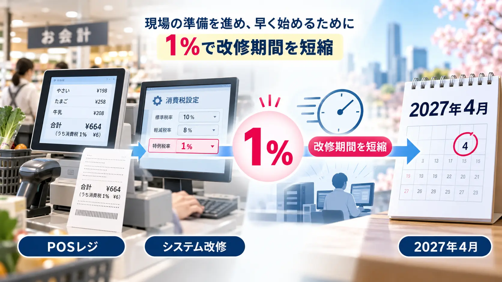 食料品の消費税を0%ではなく1%にする理由としてレジやシステム改修の違いを示したイラスト