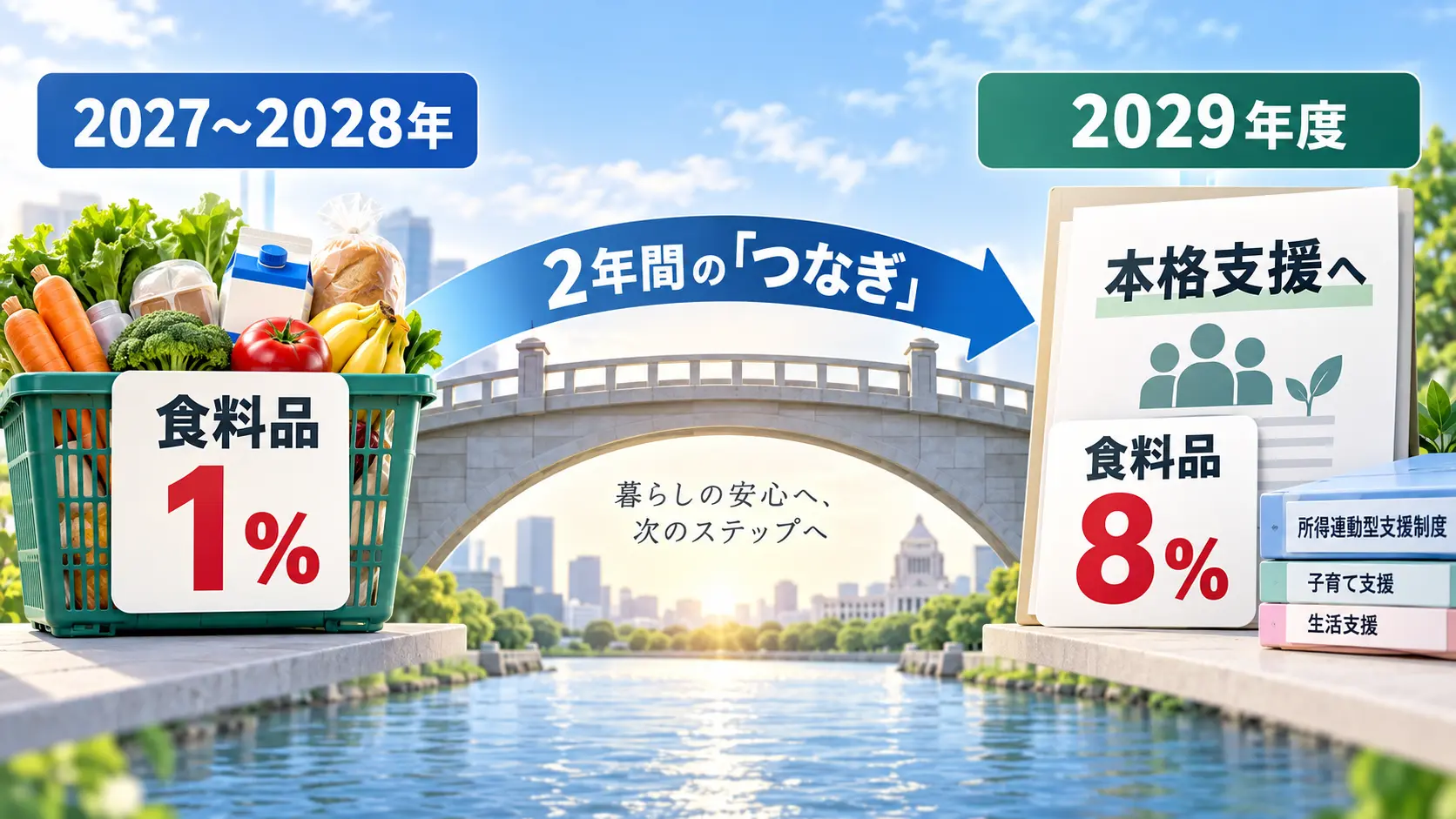 2年間の食料品消費税1%から2029年度の所得連動型支援制度へ移行する流れを示した図