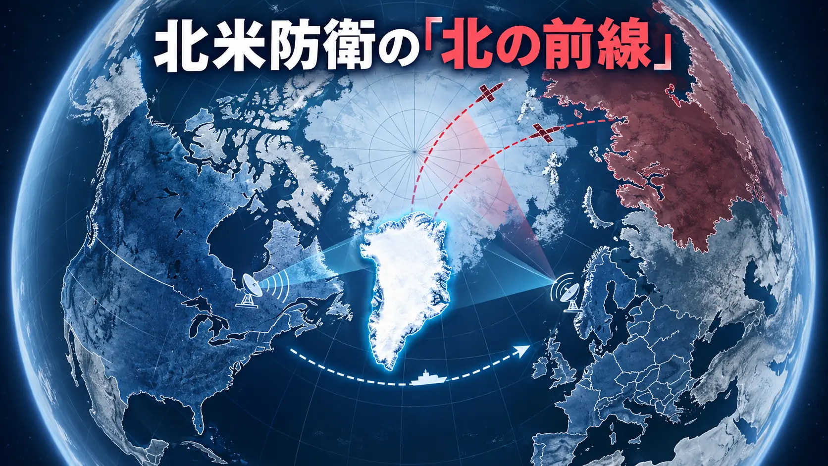 グリーンランドが北米と欧州の間に位置する戦略的重要性を示す北極圏地図