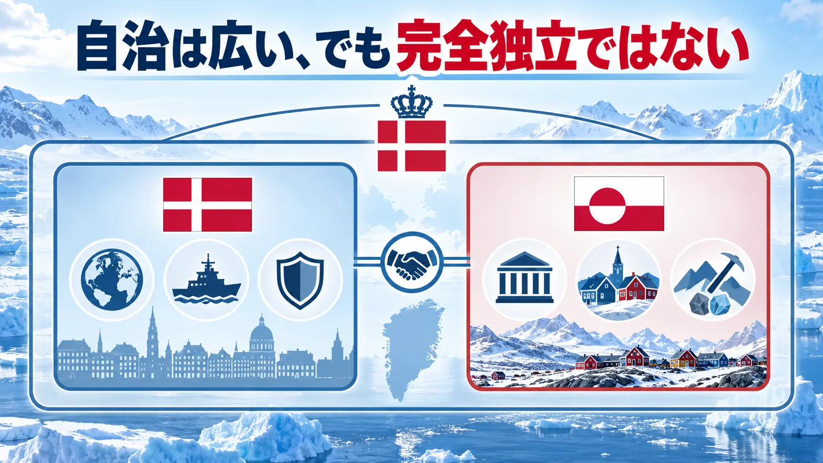 デンマーク王国とグリーンランド自治政府の権限分担を説明する図