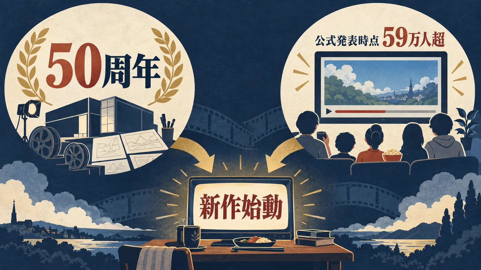 シンエイ動画50周年と『美味しんぼ』公式YouTubeの広がりを示す解説図