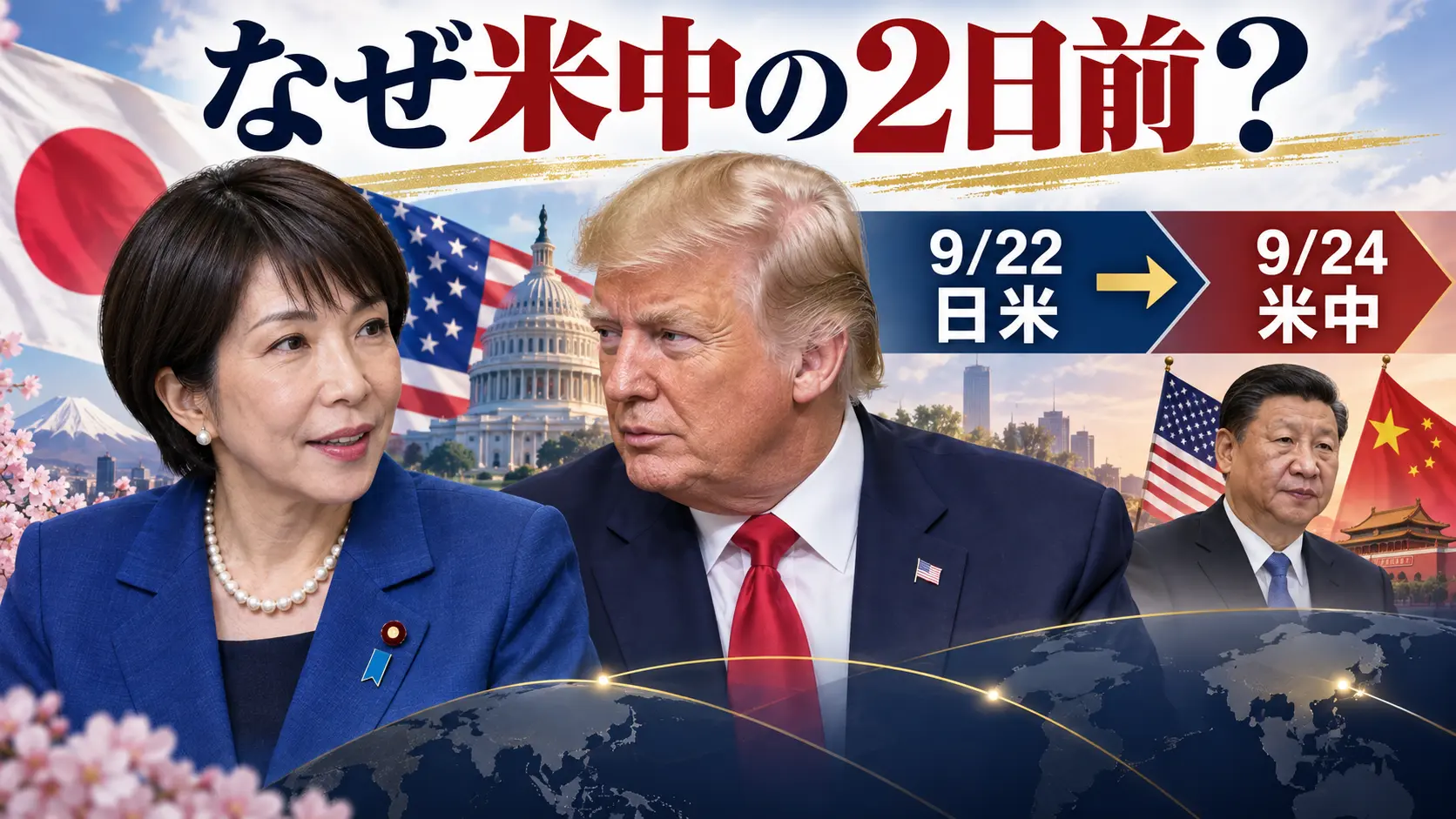 米中首脳会談の2日前に開かれる日米首脳会談の意味を示すイラスト