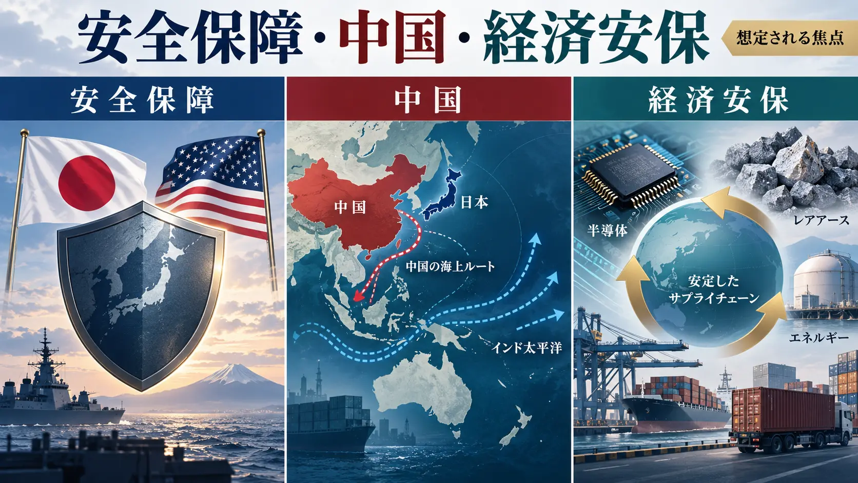 日米首脳会談で焦点となり得る安全保障、対中認識、経済安全保障を整理した図