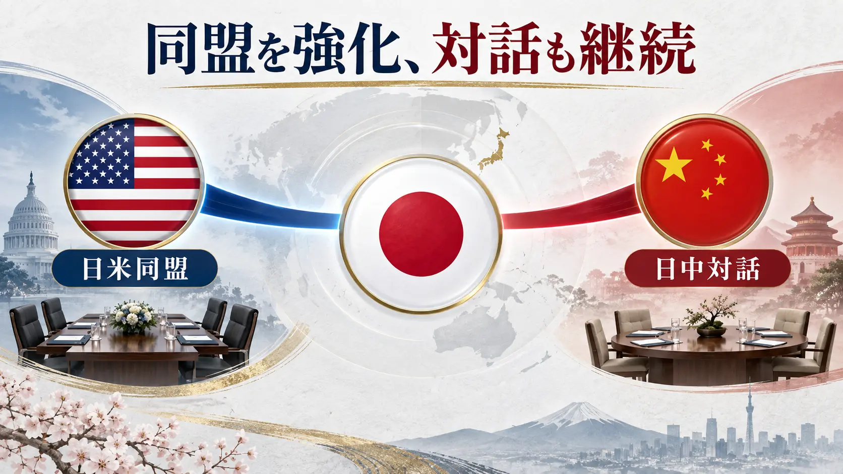 日本が日米同盟を重視しながら中国とも対話を続ける外交関係を示す図
