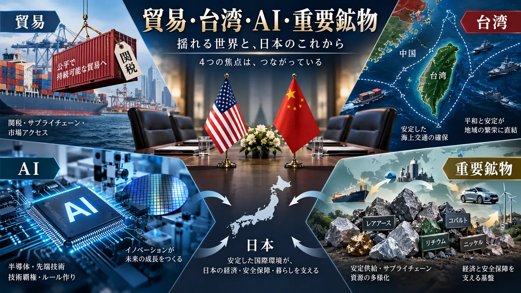 米中首脳会談で注目される貿易、台湾、AI、重要鉱物の論点を整理した図