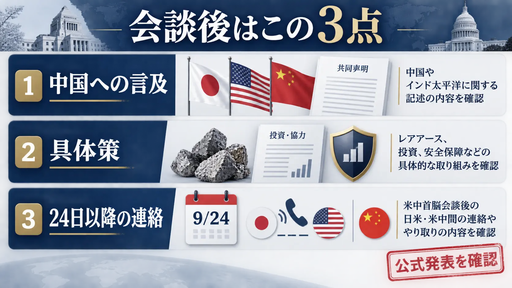 日米首脳会談後に確認したい三つのポイントを整理したチェック図