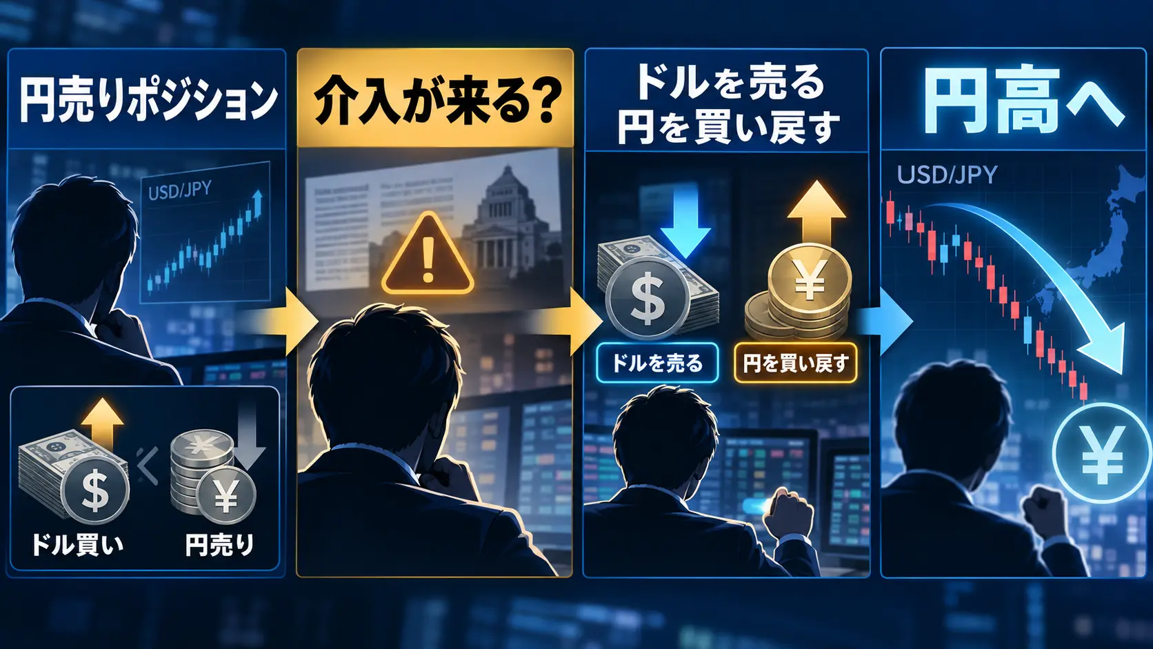 レートチェック観測によって円売りポジションが巻き戻され円買いが増える仕組みを示した図