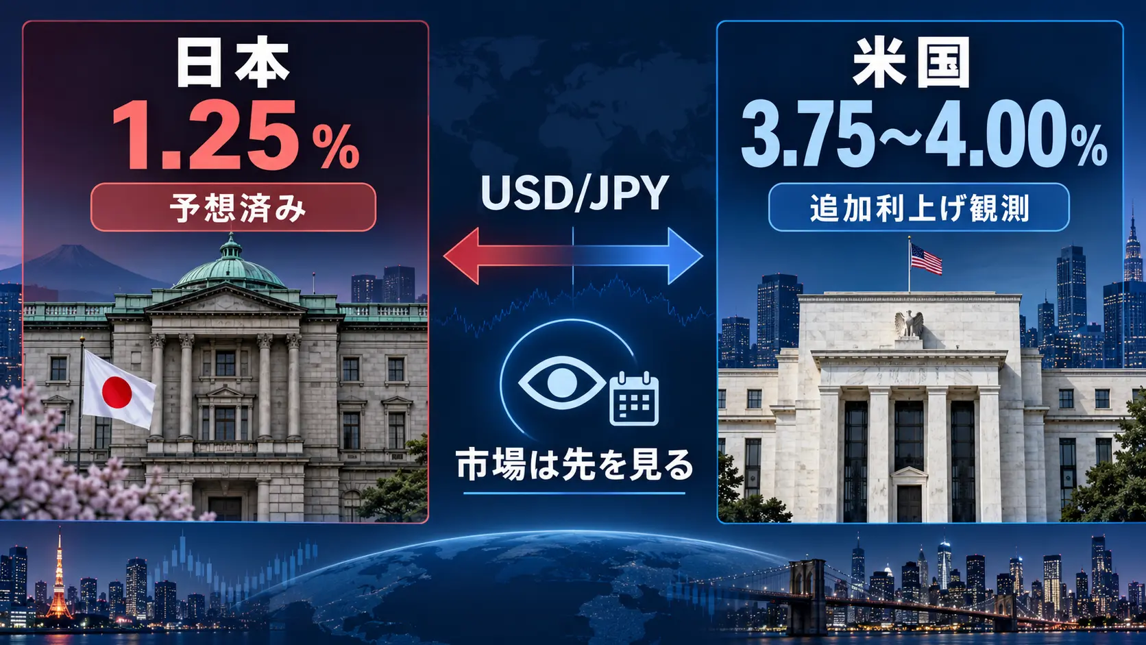 日本銀行とFRBの政策金利を比較し、日銀利上げ後も円安になった背景を説明した図