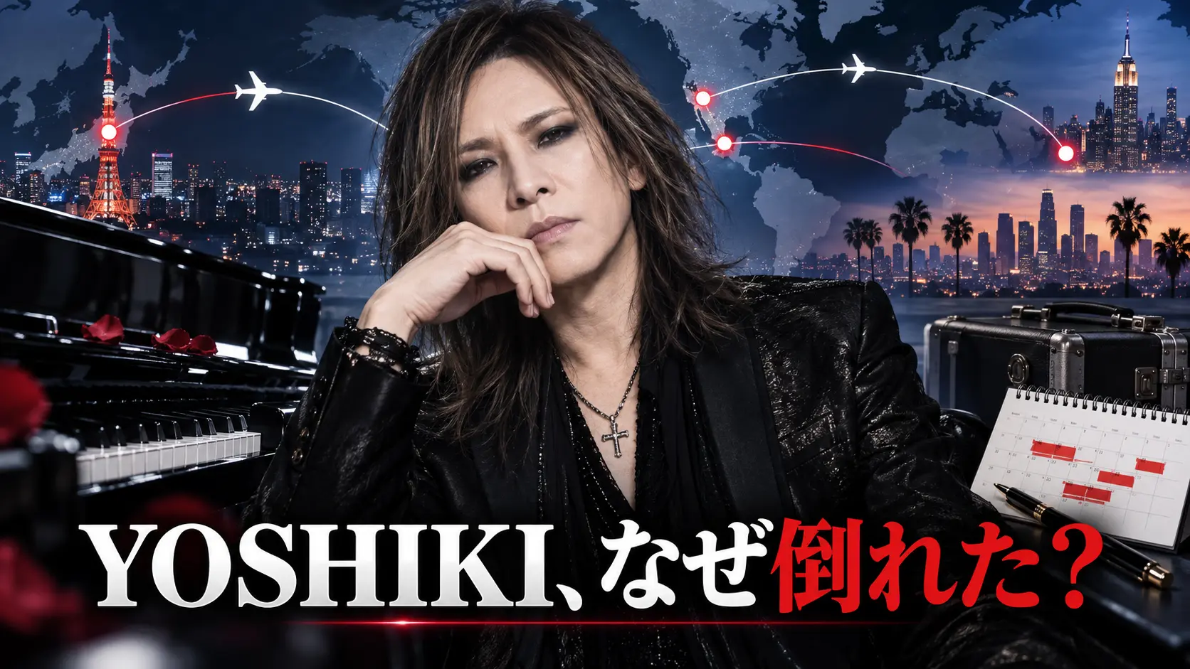 米国で倒れたYOSHIKIと世界各地を移動する過密スケジュールを表現したイラスト