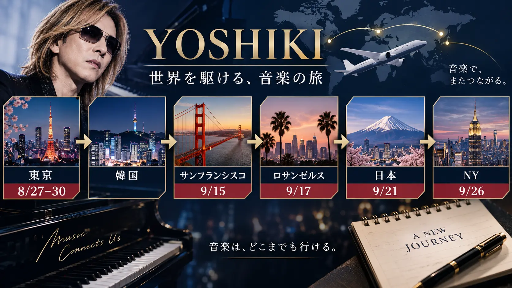 YOSHIKIの8月末から9月26日までの移動と出演予定を並べたタイムライン