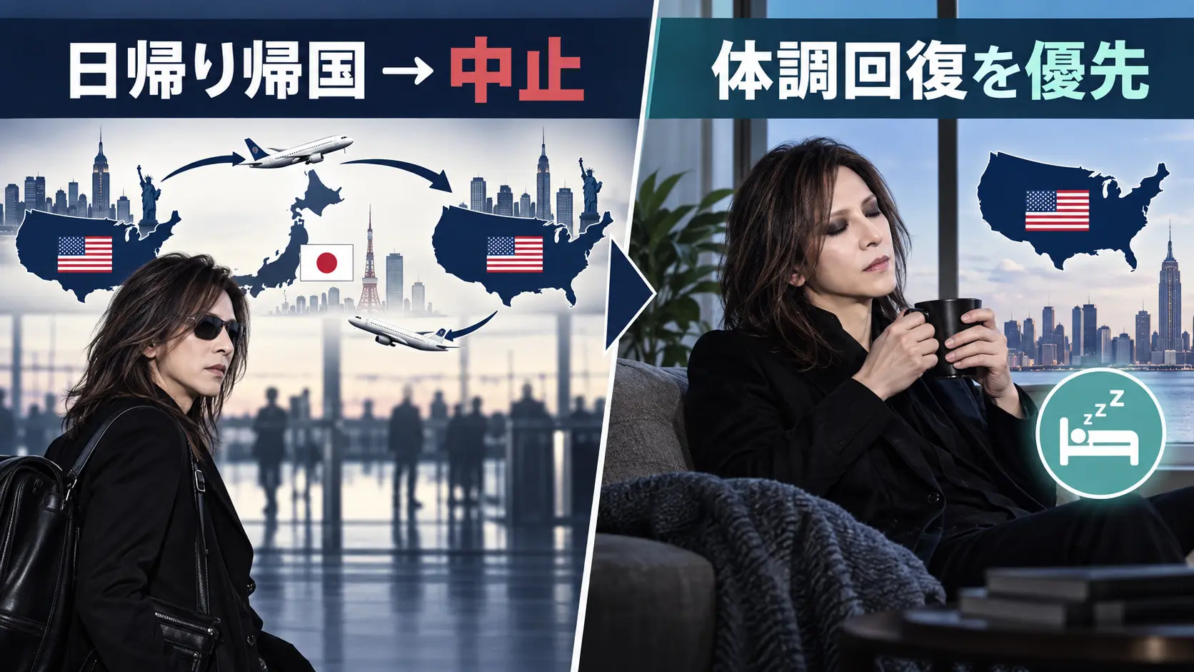 YOSHIKIの9月21日の日本予定が中止され回復優先へ変更された流れを示す図
