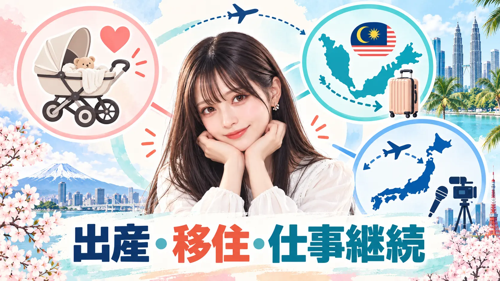藤咲凪が発表した第3子出産、マレーシア移住、日本での仕事継続を整理した図