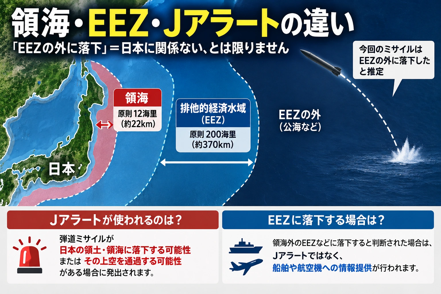 日本の領海とEEZ、Jアラートが使われる条件の違いを説明する模式図