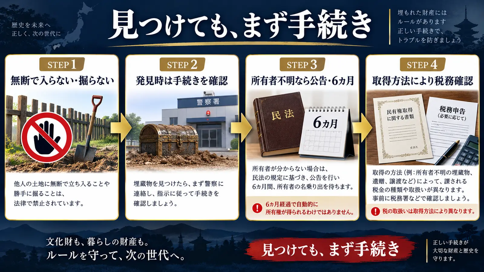 埋蔵物を見つけた場合の土地立ち入り、警察への手続き、所有権と税金の流れを説明した図
