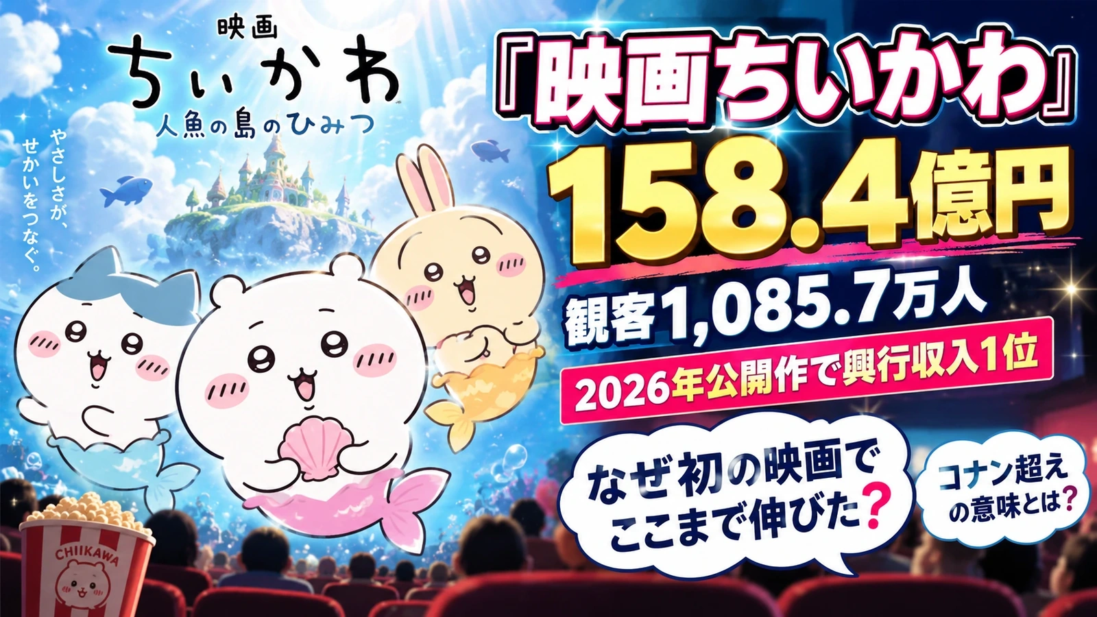 『映画ちいかわ』の興行収入158.4億円突破を表す映画館と興行成績ボードのイラスト