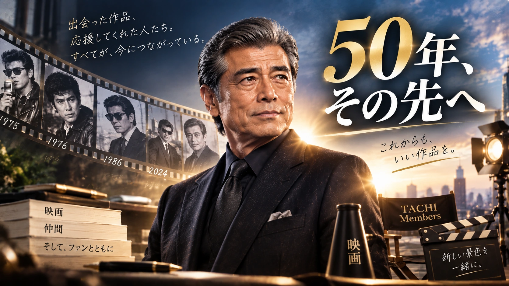 ファンクラブ開設と映画制作への挑戦を続ける現在の舘ひろしを描いたイラスト