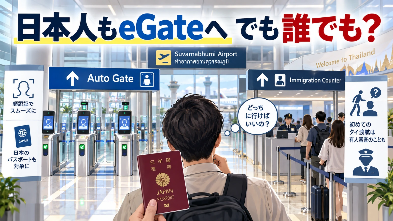 スワンナプーム空港の入国用自動ゲートと日本人旅行者の利用条件を表したイラスト