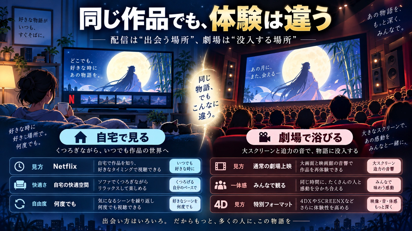 自宅でのNetflix視聴と映画館での大画面・大音響体験の違いを示す比較図