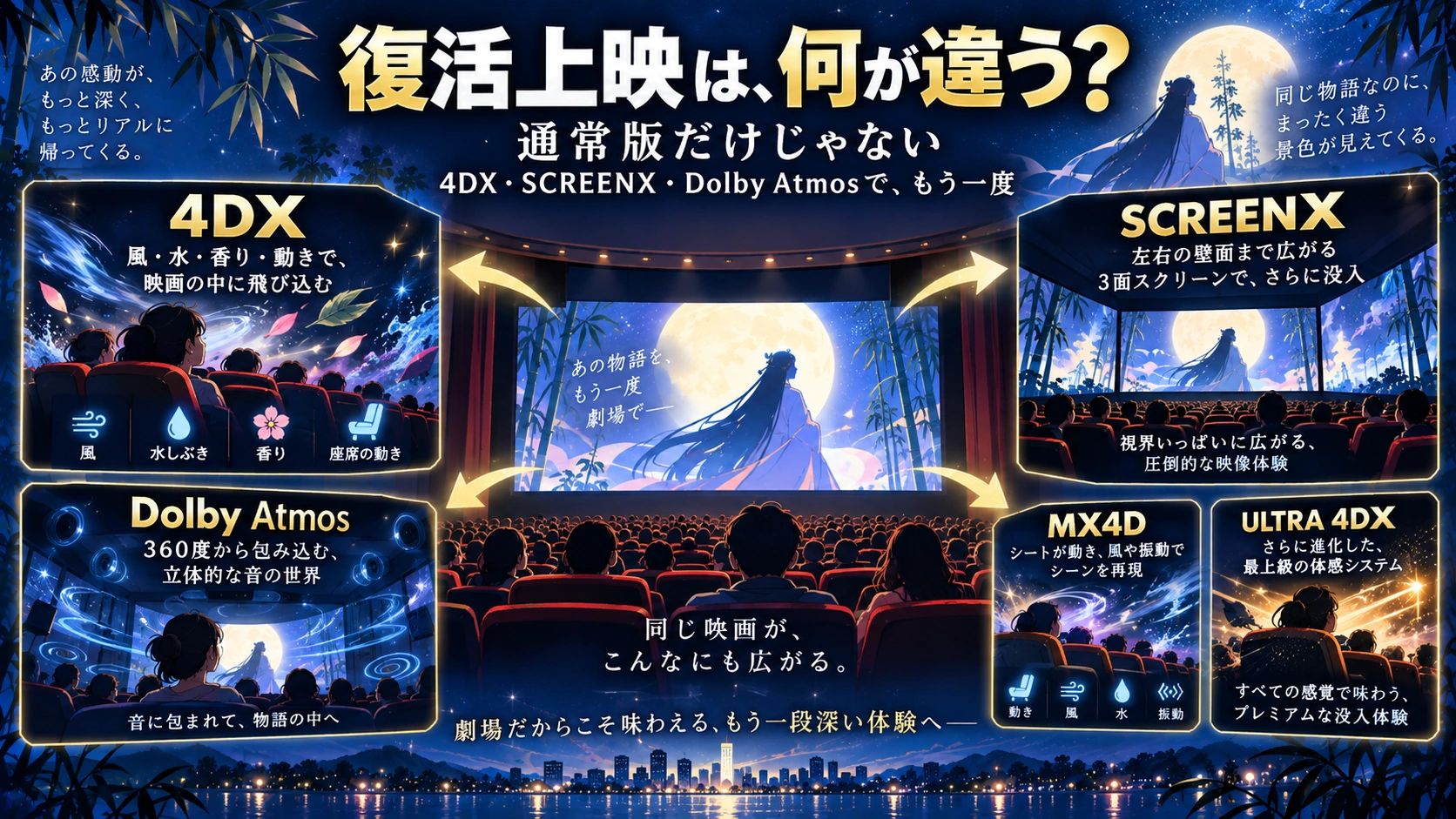 『超かぐや姫！』復活上映で追加された4DX、SCREENX、Dolby Atmosなどの特別フォーマットを説明する図