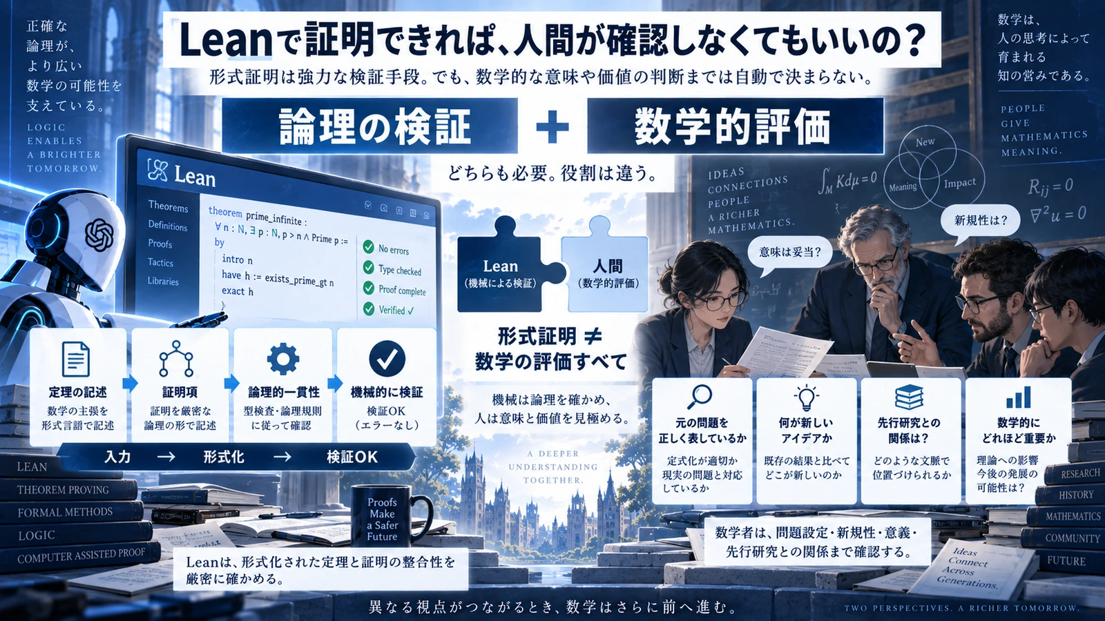Leanによる形式証明の機械的検証と数学者による意味や重要性の確認の違いを説明した図