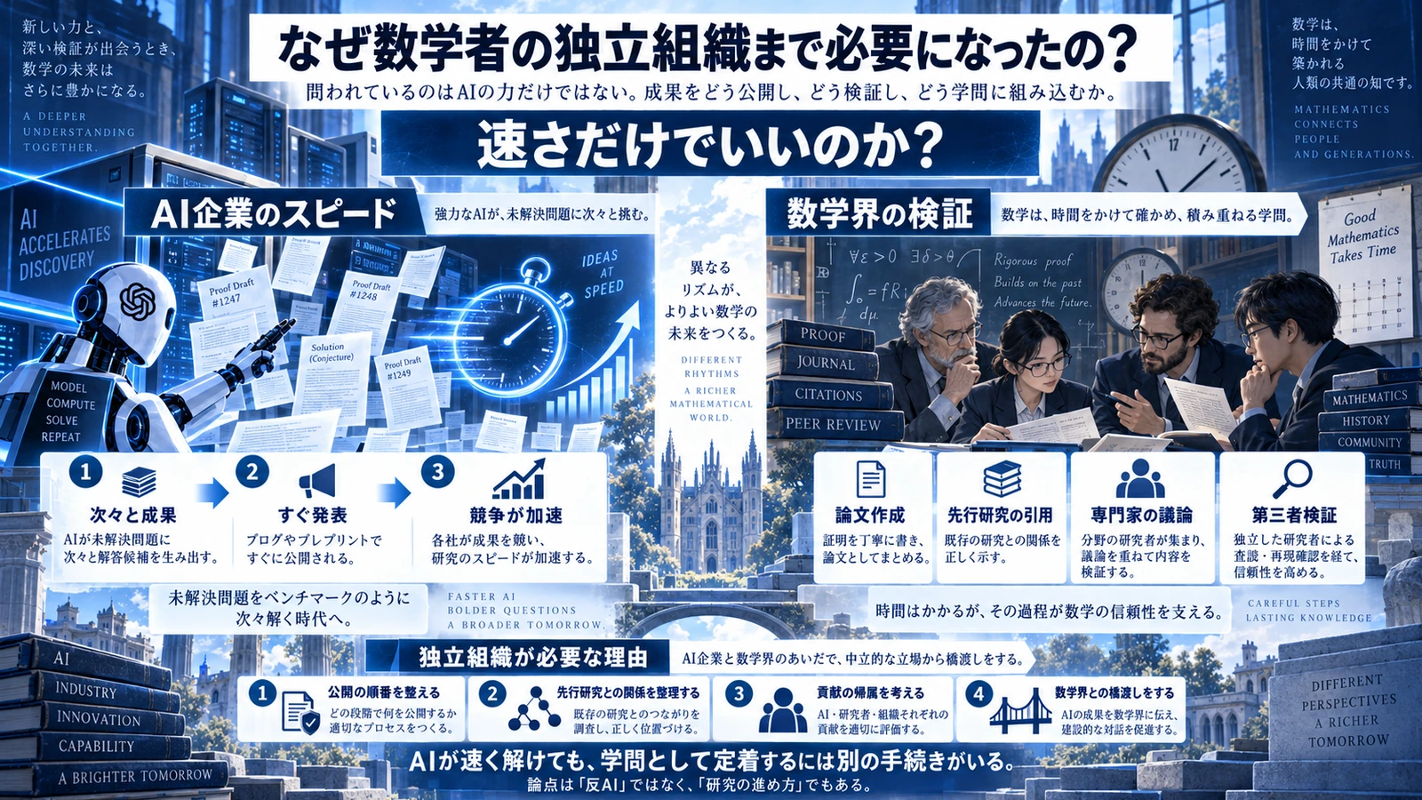 AI企業による急速な数学成果の発表と数学界が求める検証や引用の時間の違いを示した図