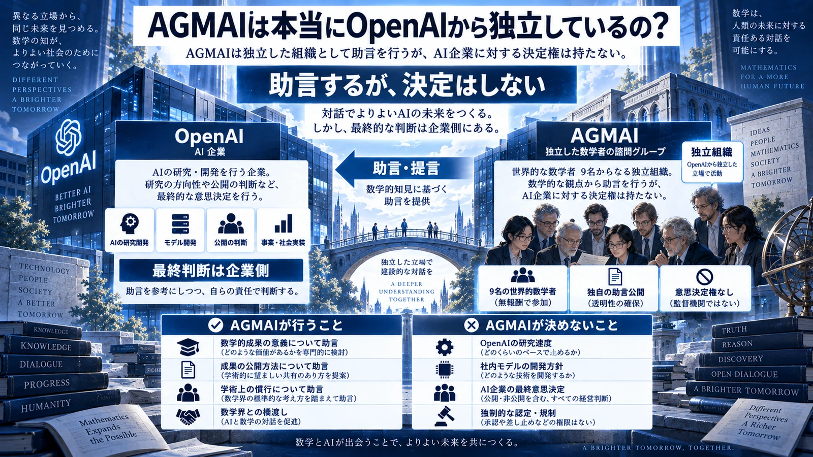 数学とAIの独立諮問グループAGMAIとOpenAIの役割や距離を説明した関係図