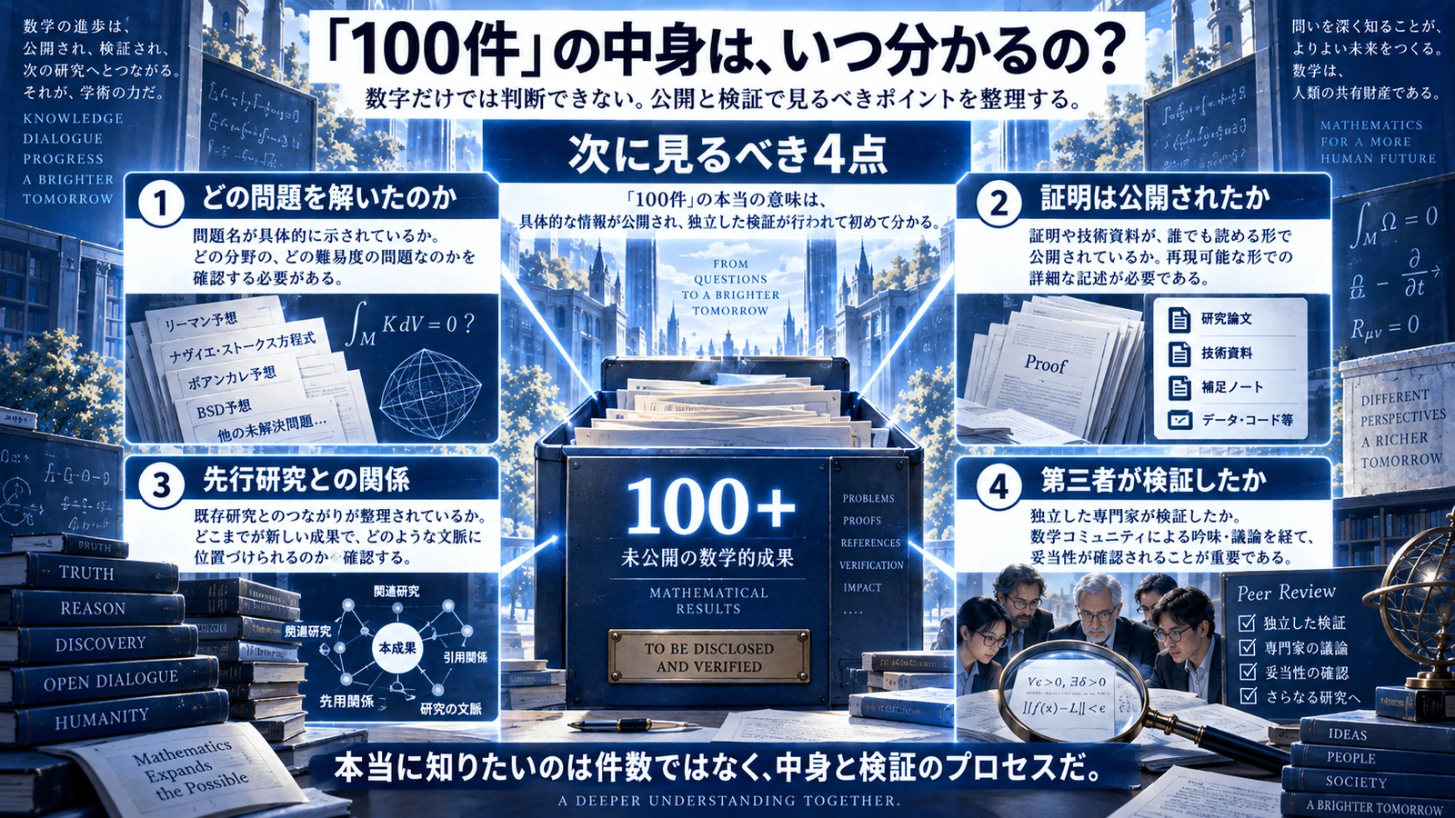 OpenAIが報告する多数の数学成果が今後公開・検証される過程で確認すべき点を示した図