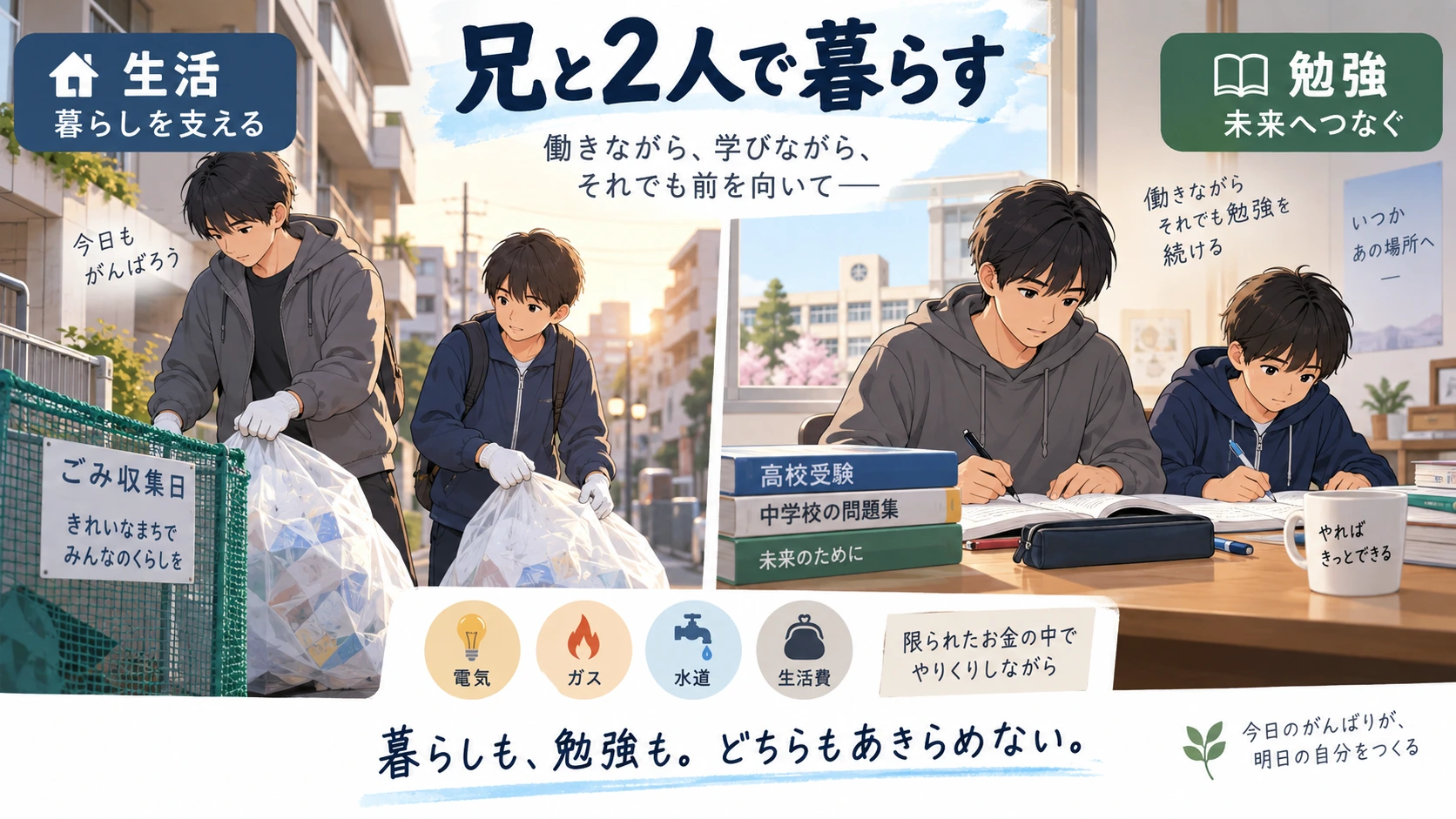母との別れ後に兄弟2人で暮らし勉強と生活を続けた武井壮の少年時代を示す図