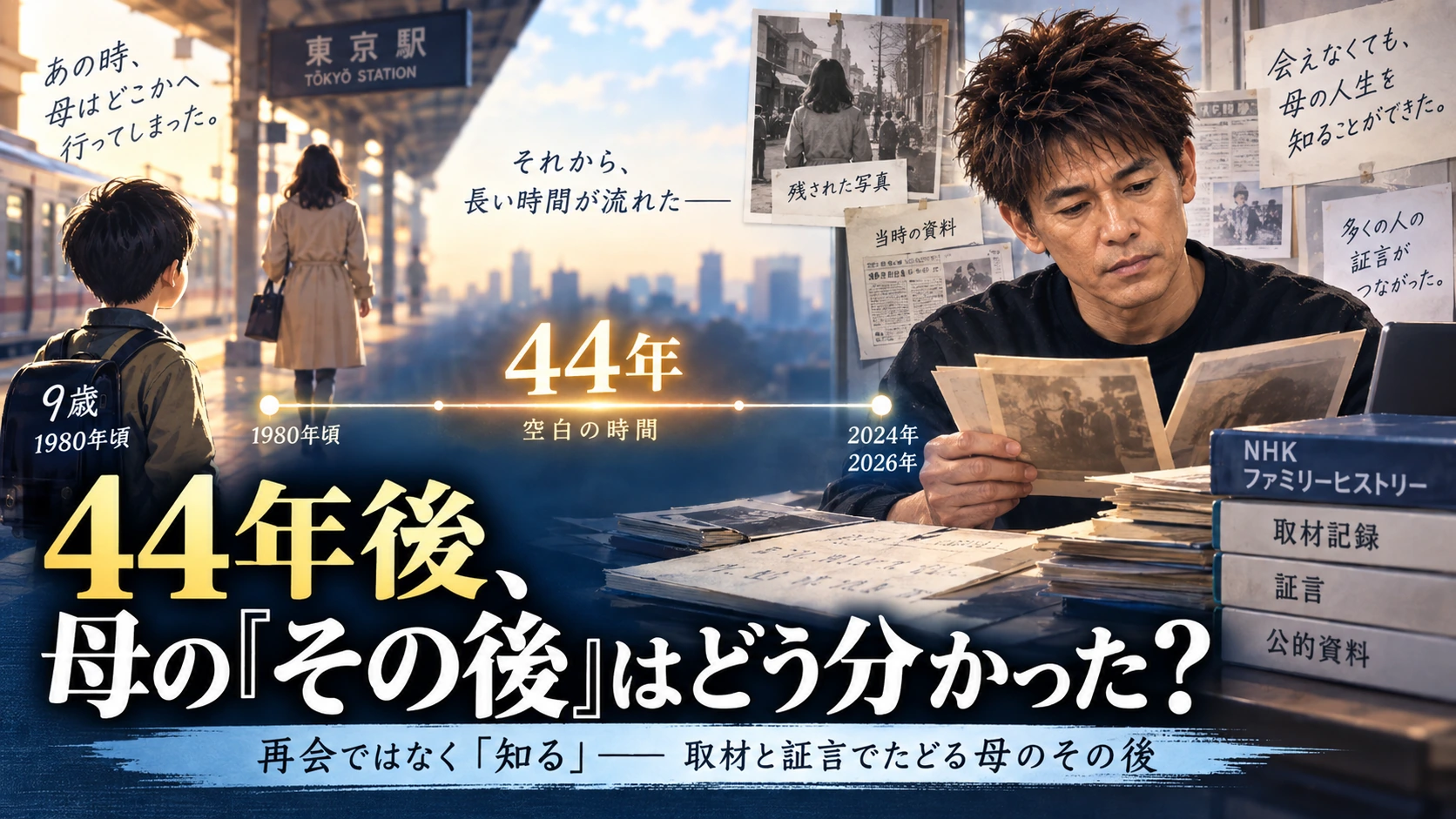 武井壮の母との別れからファミリーヒストリーの調査まで約44年の流れを示す図