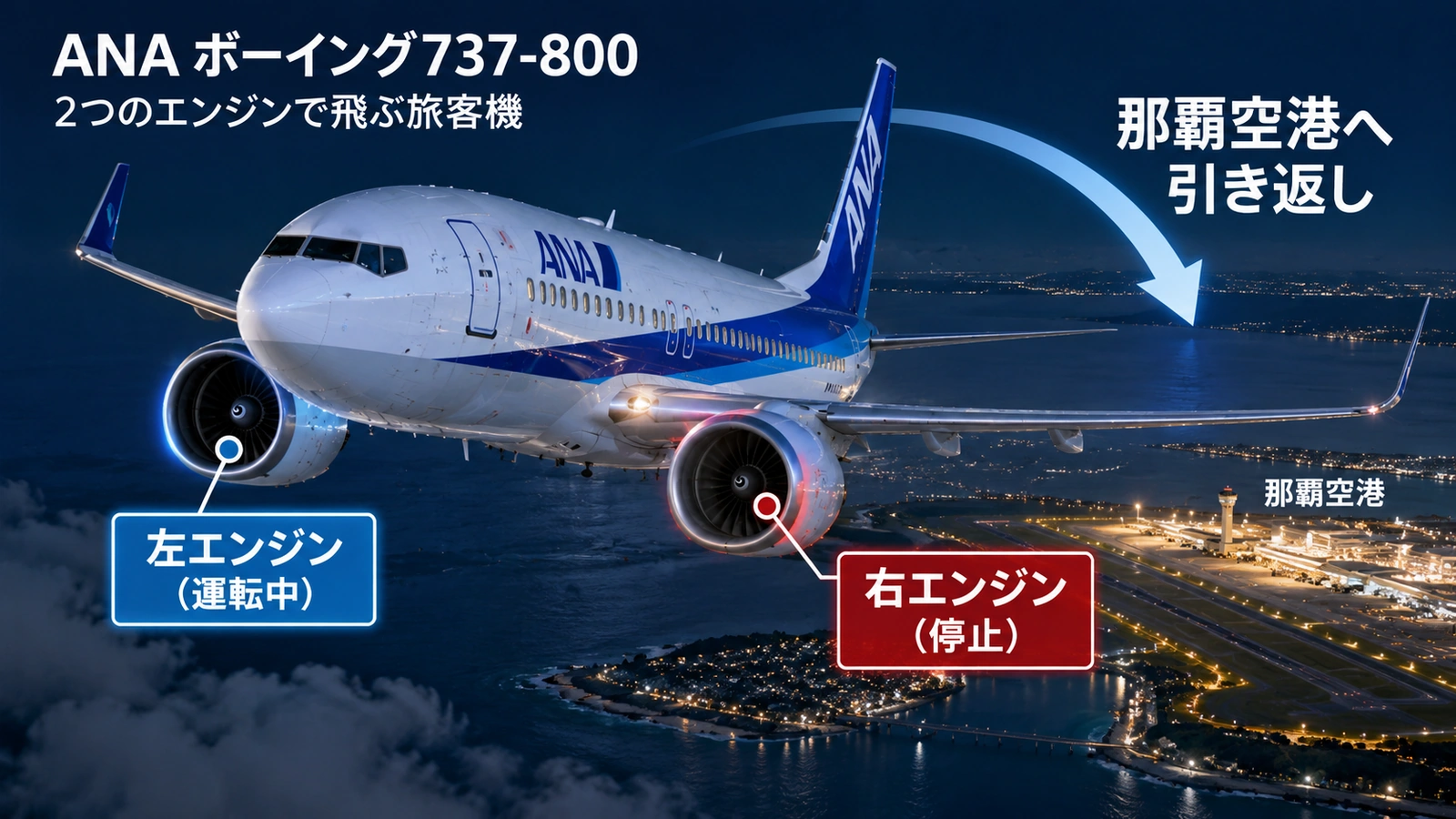 ボーイング737-800の右エンジン停止後に左エンジンで那覇空港へ戻った状況を説明した図