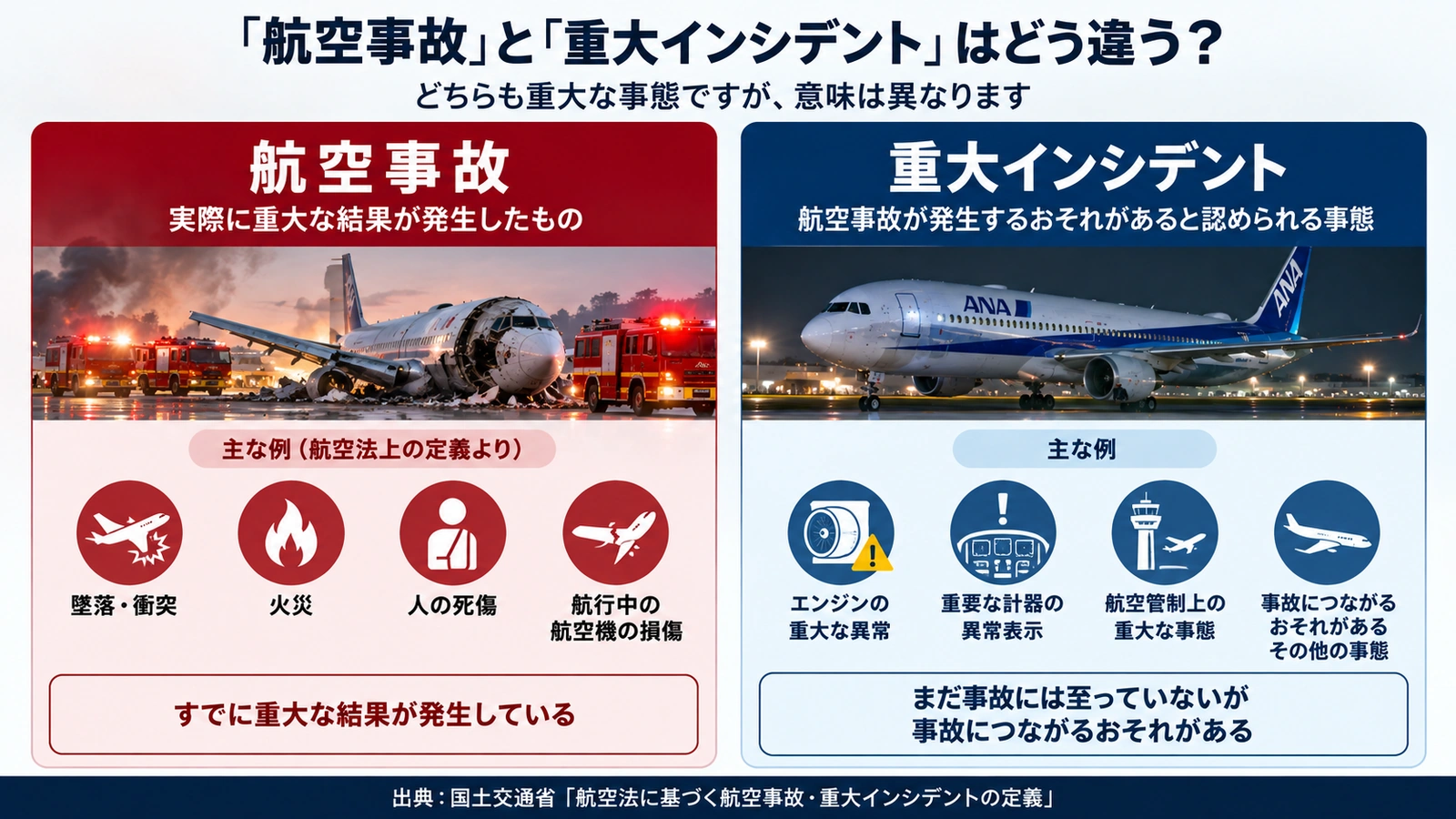 航空事故と重大インシデントの違いを比較したインフォグラフィック