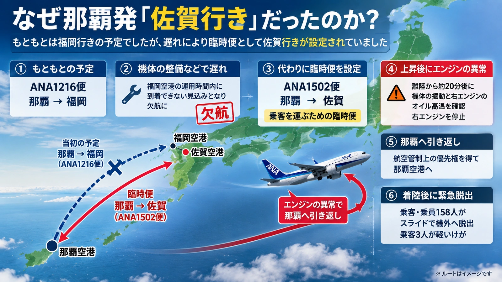 那覇発福岡行き便の欠航から佐賀行き臨時便が設定された流れを示した図