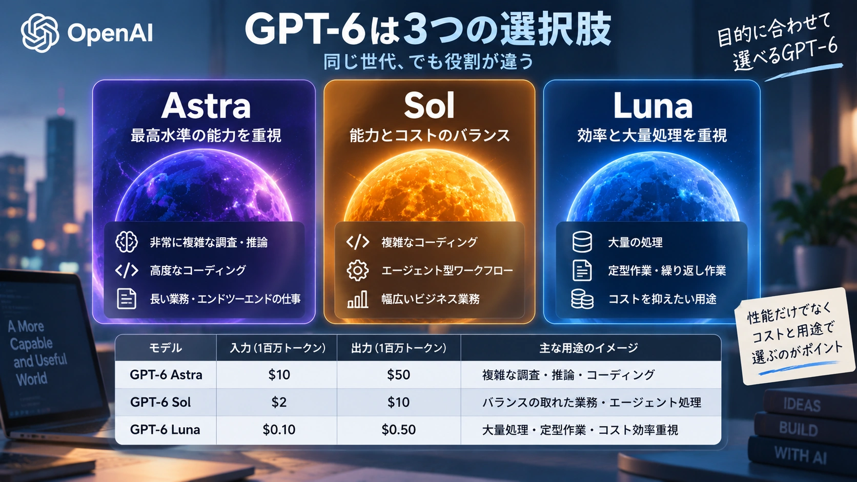 GPT-6 Astra・Sol・Lunaの用途とAPI料金を比較したインフォグラフィック