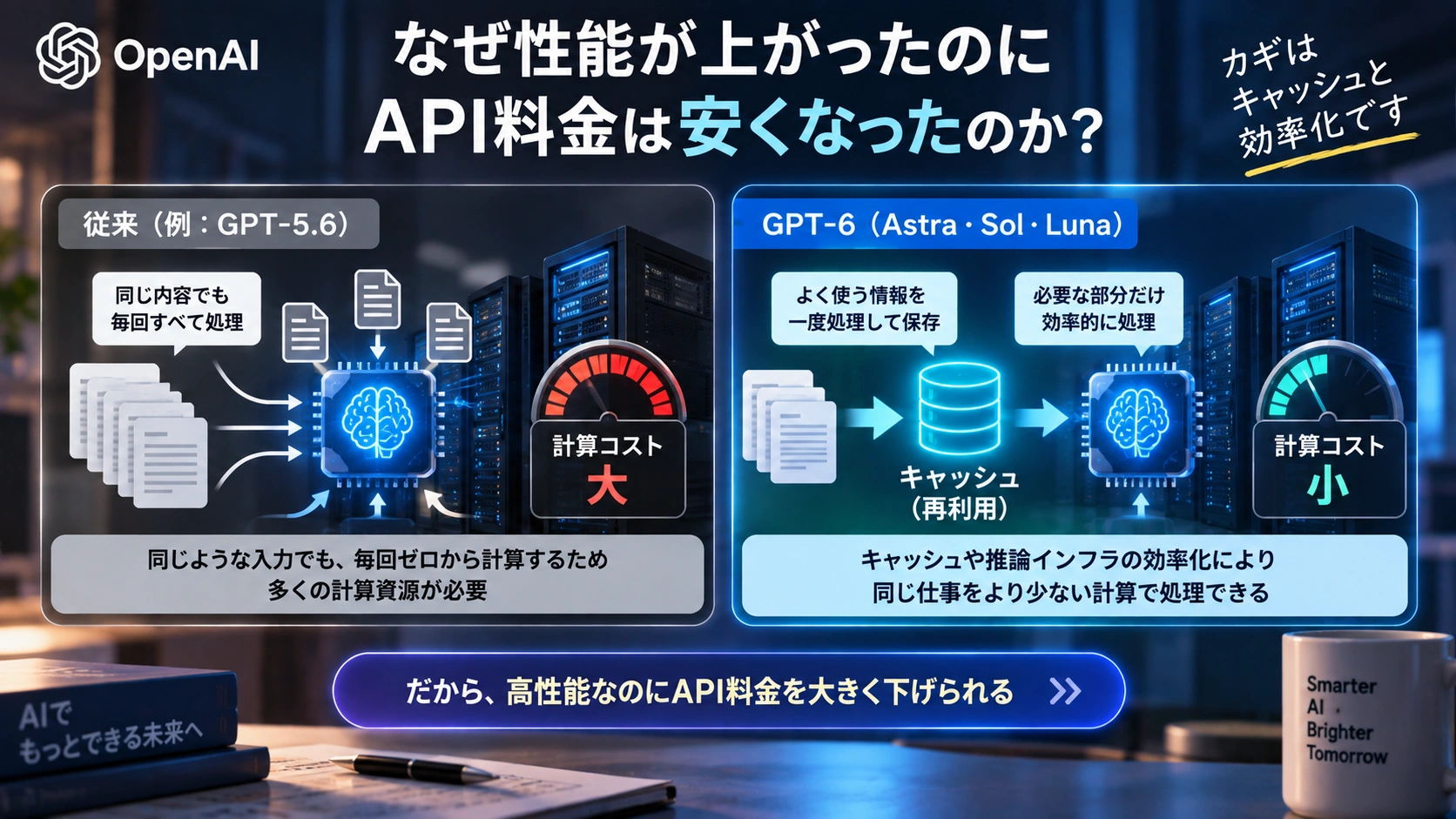 キャッシュと推論効率の改善がGPT-6のAPIコスト低下につながる仕組みを示す図