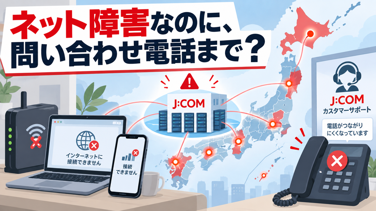 J:COMのネット障害がインターネットやテレビの一部機能、問い合わせ窓口へ広がった様子を示すイラスト