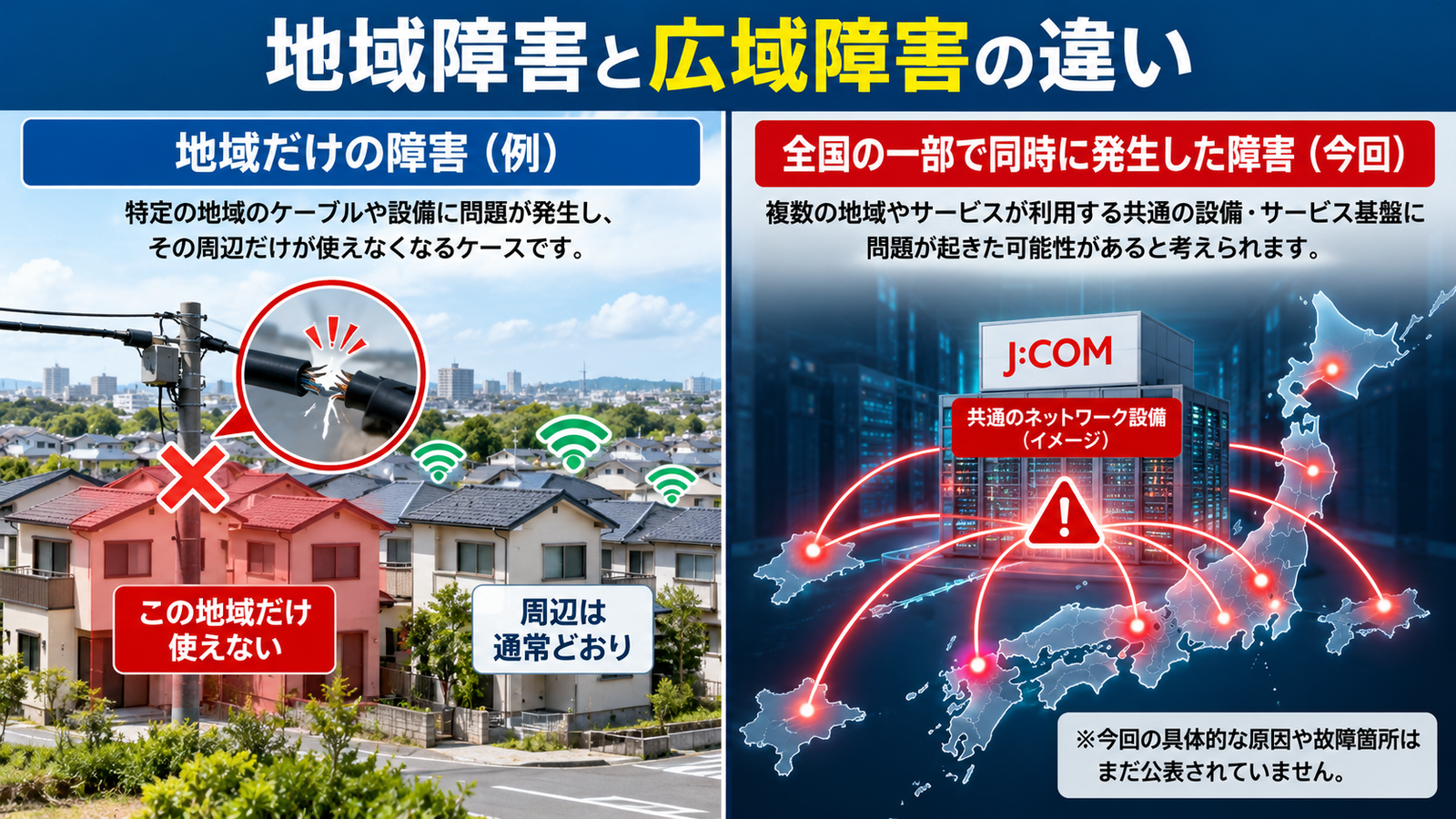 地域設備の障害と共通ネットワーク設備の障害の違いを比較した図