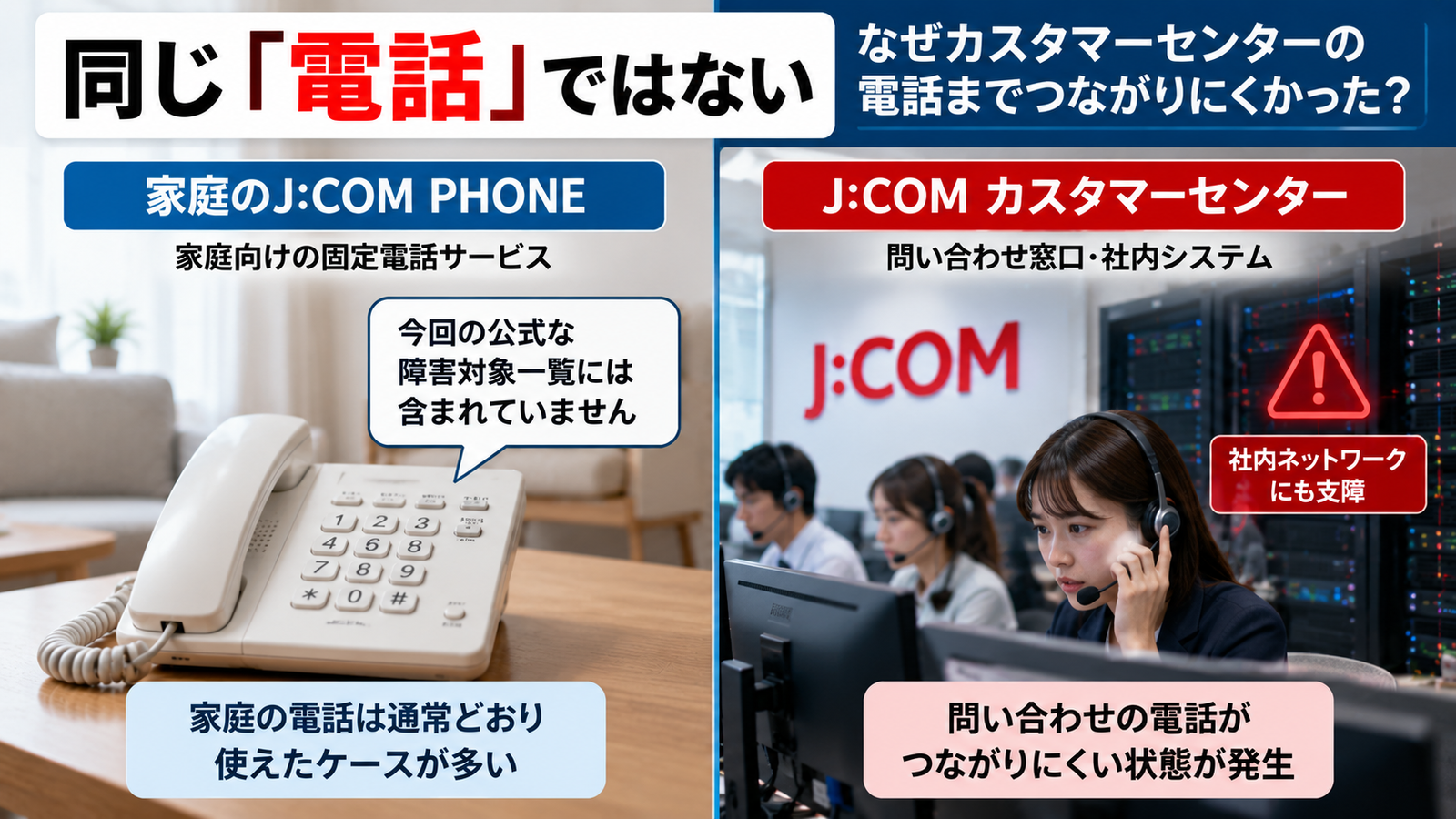 J:COMの家庭向け固定電話とカスタマーセンターへの問い合わせ電話の違いを示す図