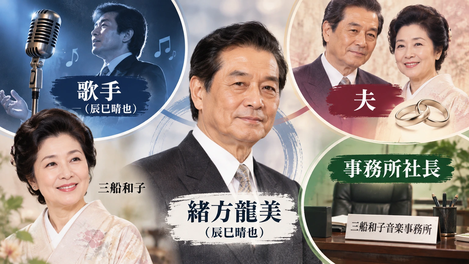 緒方龍美が歌手、夫、三船和子音楽事務所社長として三船和子を支えた三つの役割を示す図