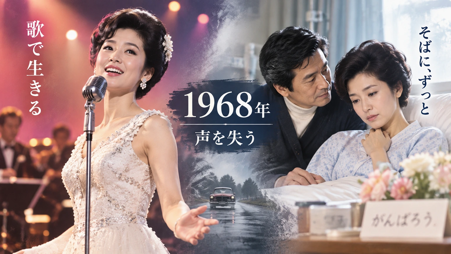 1968年の交通事故で声が出なくなった三船和子と、見舞いに通い支える緒方龍美を描いたイラスト