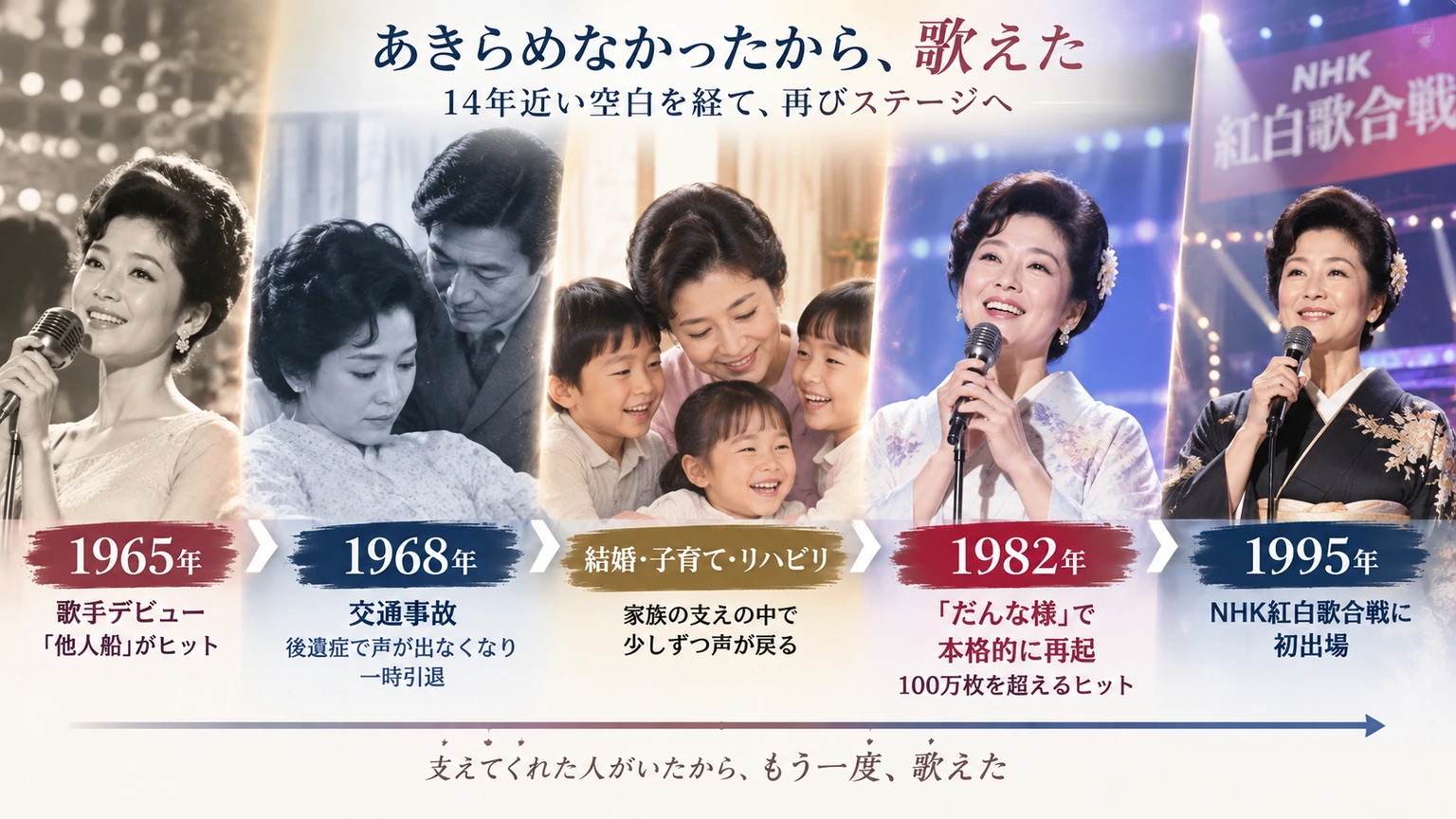 三船和子が1968年の交通事故から1982年の「だんな様」、1995年の紅白歌合戦まで再起した流れを示すタイムライン