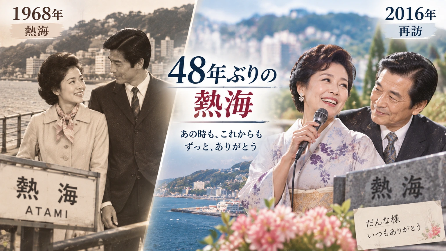 1968年に訪れた熱海と2016年の再訪を重ね、三船和子が夫・緒方龍美に「だんな様」を歌った思い出を表すイラスト