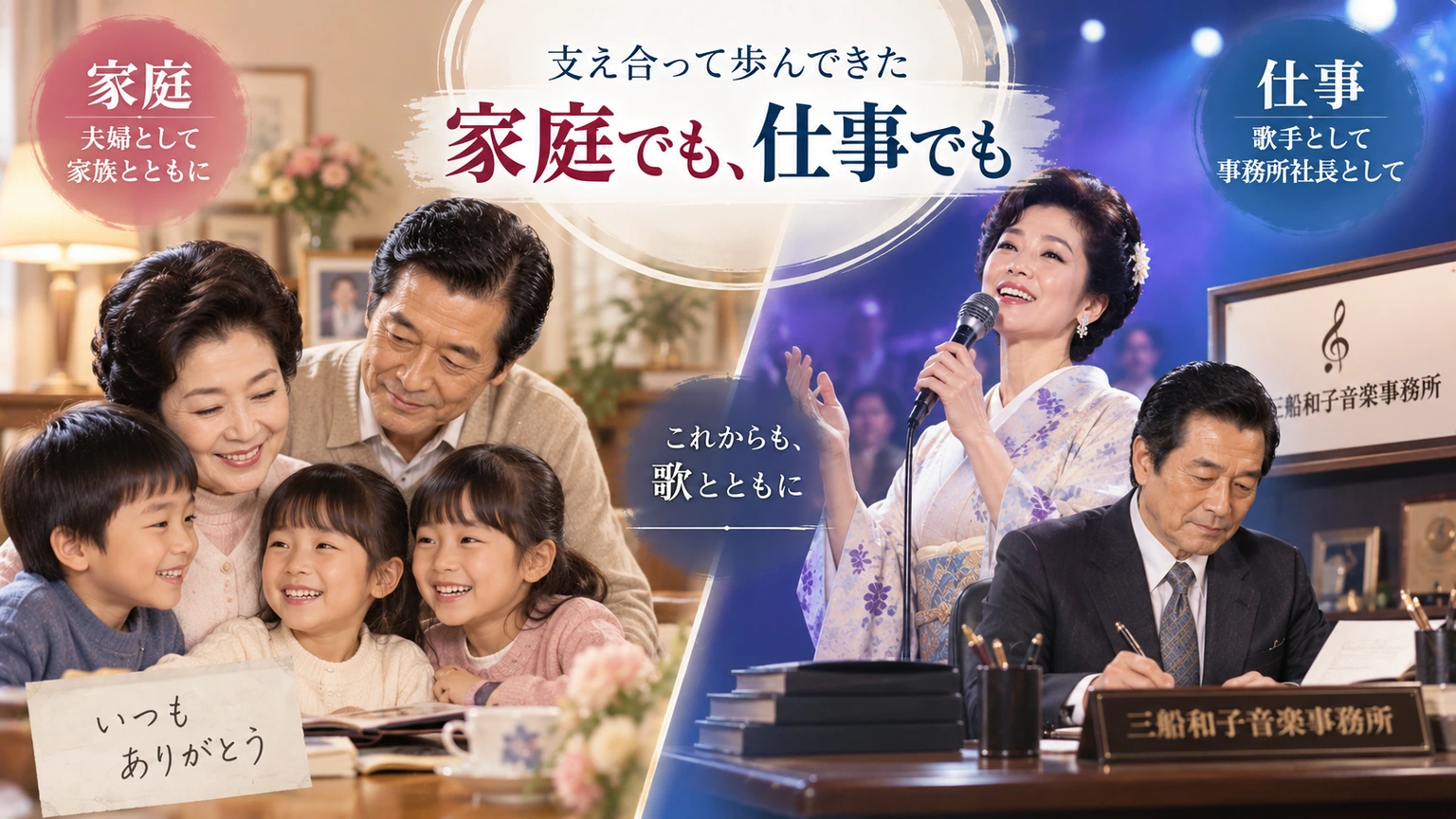 三船和子と緒方龍美が家庭では夫婦、仕事では歌手と事務所社長として歩んできた関係を示す図