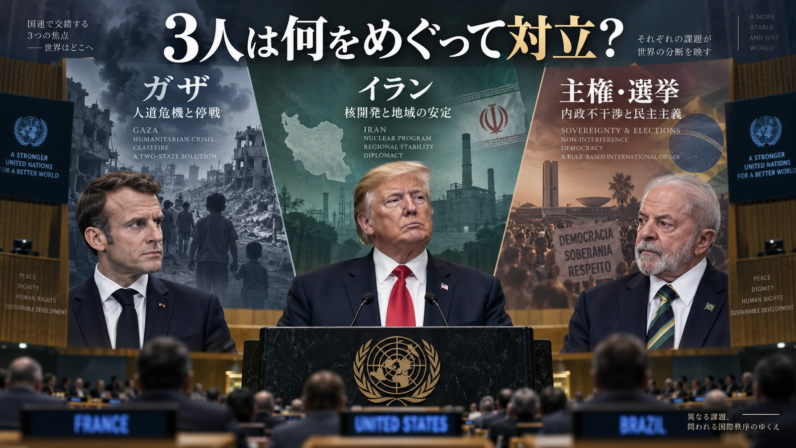 国連総会で異なる主張を示したトランプ大統領、マクロン大統領、ルラ大統領を描いたイラスト