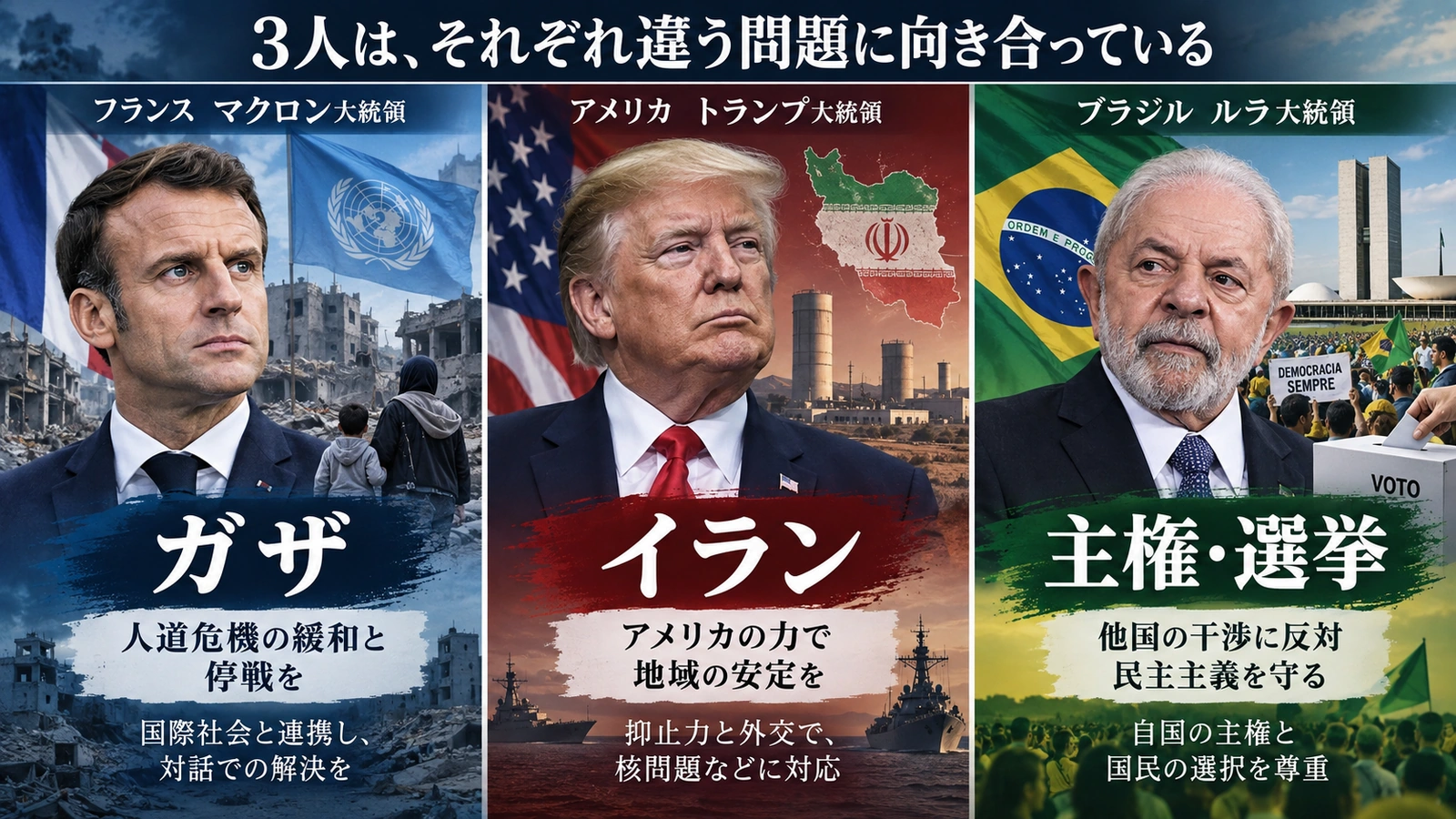トランプ大統領、マクロン大統領、ルラ大統領が国連総会で示した主な論点を比較した図