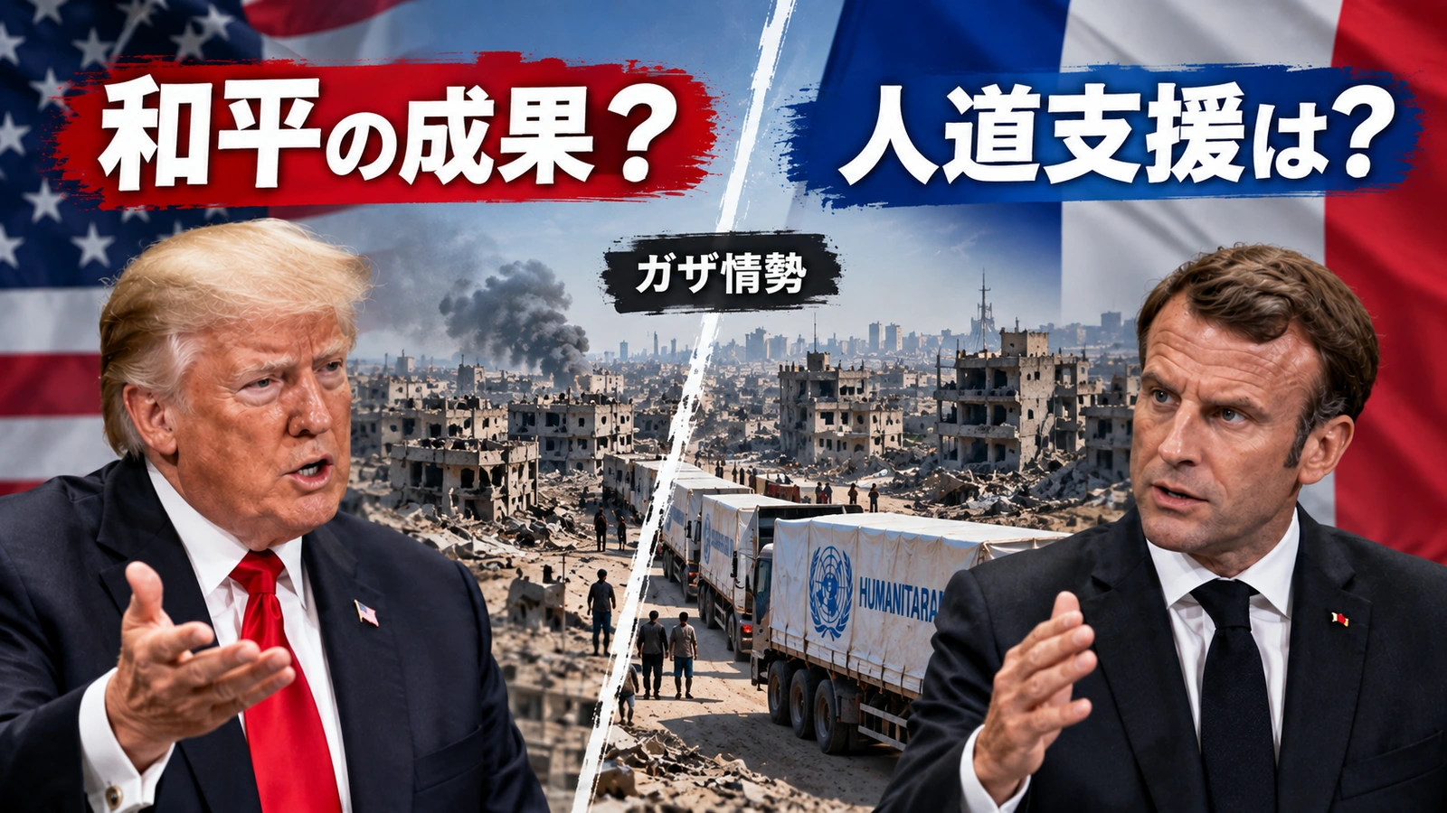 トランプ大統領のガザ和平評価とマクロン大統領の人道状況への評価の違いを示した比較図